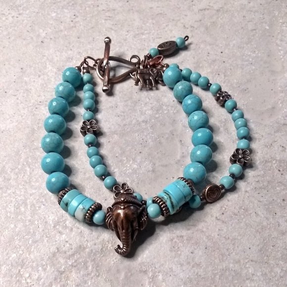 Calling all Elephant Lovers! 2 Strand Bracelet! Copper Tuskers + Blue Howlite